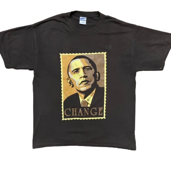 Barack Obama President Change Stamp Logo T-Shirt 2008 Brown Tan Men's Size Large - Picture 1 of 7